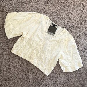 Andrew Marc Cream Blouse with Puff Sleeves